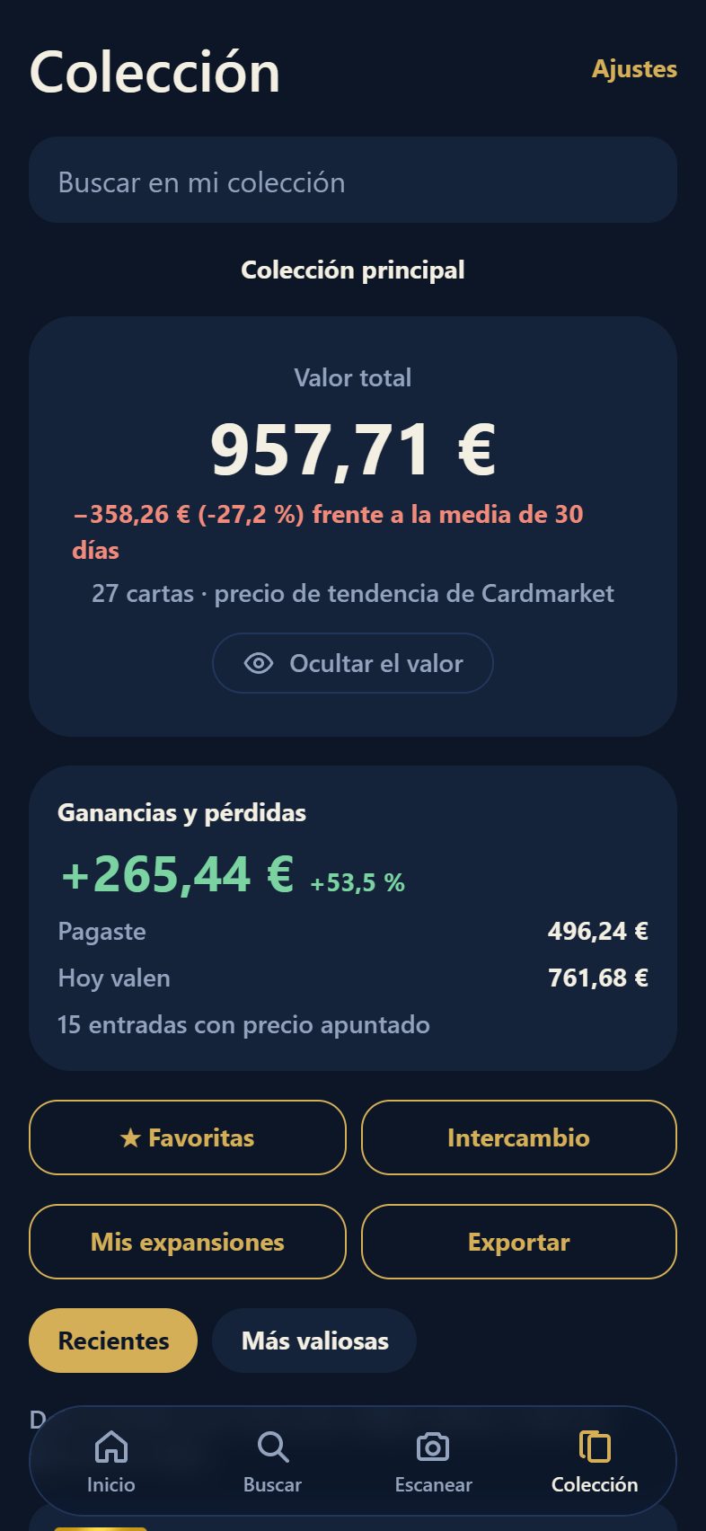 Pantalla de la colección, con su valor total