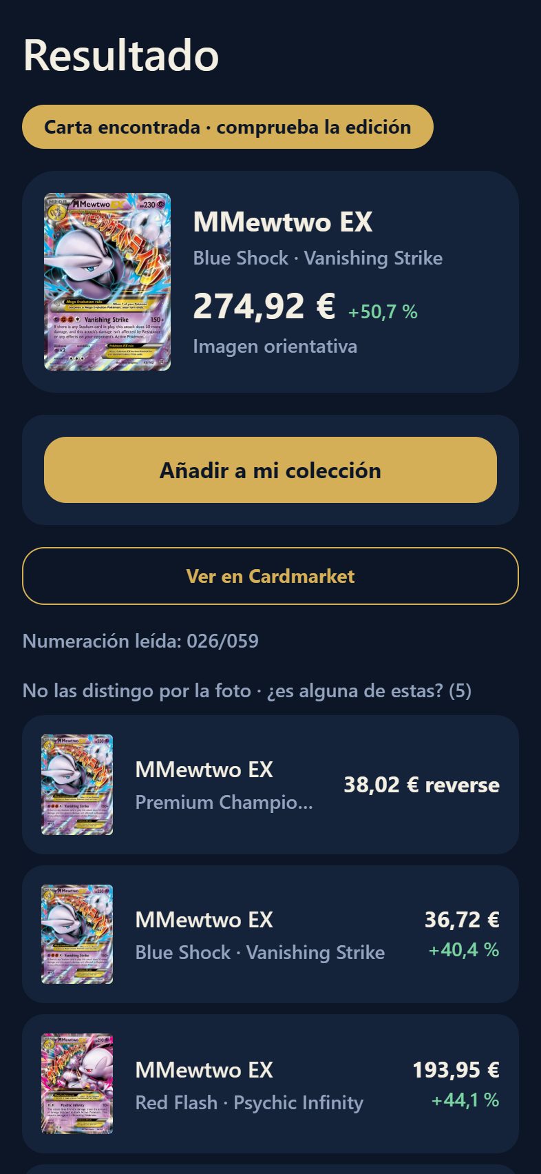 Resultado de un escaneo con la carta reconocida y sus versiones